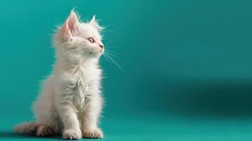 White Kitten Sitting Gracefully with Side Profile on Blue Green Background with Copy Space, Cute Pet Photography, Soft Fur Texture, Domestic Cat Portrait photo