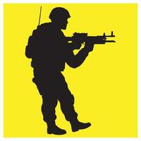 Silhouette of a soldier aiming with a machine gun on a bright yellow background vector