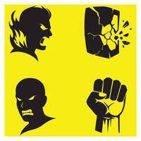 illustrations of angry faces and fists depicting aggression and strength on yellow background vector