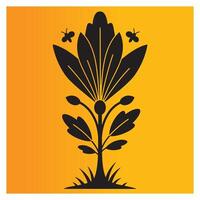Elegant silhouetted floral design with accent bees on vibrant yellow orange background vector