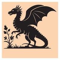 Elegant black dragon silhouette with wings and flowers on a warm beige background vector