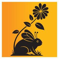 Silhouette of a bunny with floral elements on orange background illustration vector
