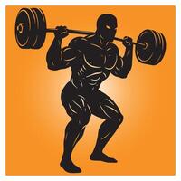 Silhouette of a muscular man performing squats with heavy barbell on orange background vector