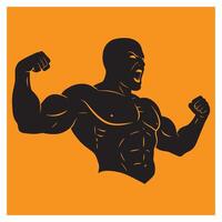 Silhouette of a muscular bodybuilder flexing his biceps and roaring against an orange background vector