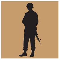 Silhouette of a standing soldier armed with a rifle against a tan background vector