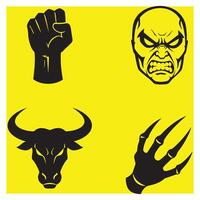 Powerful illustrations featuring fist face bull head and spiked claw against yellow background vector
