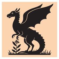Stylized black dragon silhouette with wings standing near a simple flower illustration vector