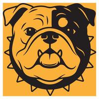 Bold and graphic illustration of a bulldog head with spiked collar on a golden yellow background vector