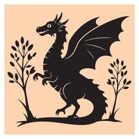 Black silhouette of a majestic dragon with outstretched wings and simple tree elements vector