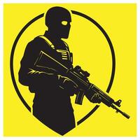 Silhouette of armed soldier with rifle in a yellow circle representing military readiness vector