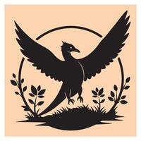 Silhouette of a pheasant with open wings surrounded by foliage in a circular frame vector