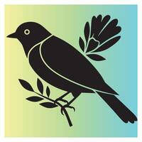 Silhouette illustration of a black bird perched on a branch with leaves and gradient background vector