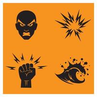 illustration of angry face fist explosion and wave symbols on orange background vector