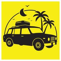 Black silhouette of a car loaded for a tropical vacation with palm trees and crescent moon vector