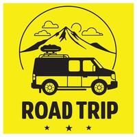 Road trip adventure illustration featuring camper van mountains and clouds on yellow background vector