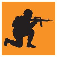 Silhouette of a kneeling soldier aiming rifle against orange background for design use vector
