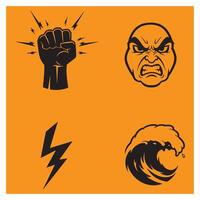 illustration of various symbols including fist lightning face and ocean wave on orange background vector