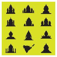 Silhouette collection of indian temples and buddha statues on a yellow background vector