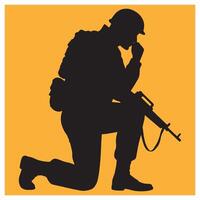 Silhouette of a kneeling soldier with a rifle contemplating on an orange background vector