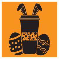 Easter themed coffee cup design with bunny ears and decorated easter eggs on an orange background vector