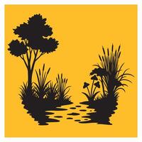 Silhouette illustration of a tranquil marsh landscape with trees water and cattails on yellow background vector