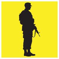 Silhouette of a soldier holding a rifle against a bright yellow background vector