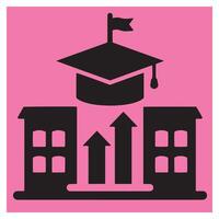 Black and pink educational illustration featuring a university building and graduation cap vector