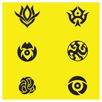 Collection of six black abstract floral and geometric design elements on yellow background vector