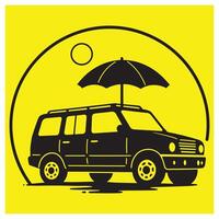 Black suv with an umbrella on top illustration against a vibrant yellow background vector