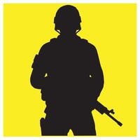 Silhouette of armed soldier in uniform against a bold yellow background vector