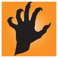 Spooky black clawed hand silhouette reaching out against an orange gradient background vector
