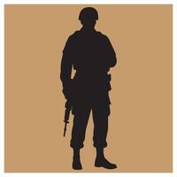 Silhouette of a soldier standing with rifle and military uniform against a tan background vector