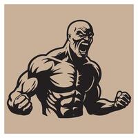 Strong muscular bodybuilder silhouette screaming in intense aggression on a tan background. vector
