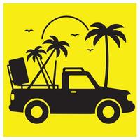 Black pickup truck transporting beach items under palm trees on yellow background vector