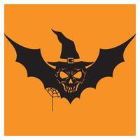 Spooky halloween bat illustration featuring a skull witch with a black hat and web vector