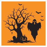 Spooky halloween scene with silhouette tree ghost bats and carved jack o lantern pumpkin on orange background vector
