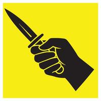 Hand firmly gripping a dagger silhouette against a vibrant yellow background vector