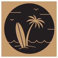 Coastal summer scene with surfboard palm tree and waves within a circle illustration vector