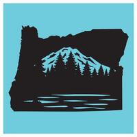 Oregon state silhouette design featuring mountain landscape and pine trees with a blue background vector