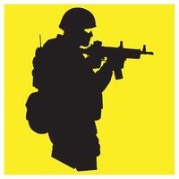 Silhouette of a soldier aiming a rifle on a vibrant yellow background for design use vector