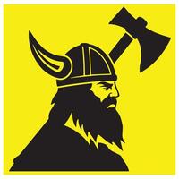 Bold viking warrior profile with horned helmet and axe on a vibrant yellow background vector