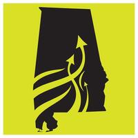 Alabama state silhouette with upward arrows indicating growth and development on bright yellow background vector