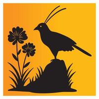 Silhouette of a bird on a rock with flowers against a vibrant orange background vector
