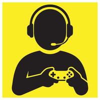 Black silhouette gamer with headset holding a game controller on a bright yellow background vector