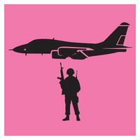 Silhouette of a military soldier standing with jet aircraft on pink background vector