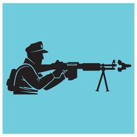 Silhouette of soldier aiming a machine gun during military operation in blue background vector