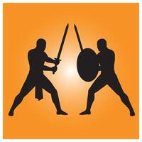 Two warriors in combat silhouetted with swords and shields on an orange background vector