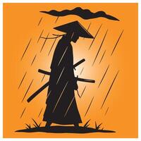 Silhouette of a samurai warrior walking in the rain with swords orange background vector