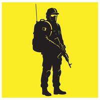 Silhouette illustration of a soldier with a rifle and backpack against a bright yellow background vector