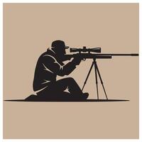 Silhouette of a sniper aiming with a rifle on a tripod prepared for precision shooting vector
